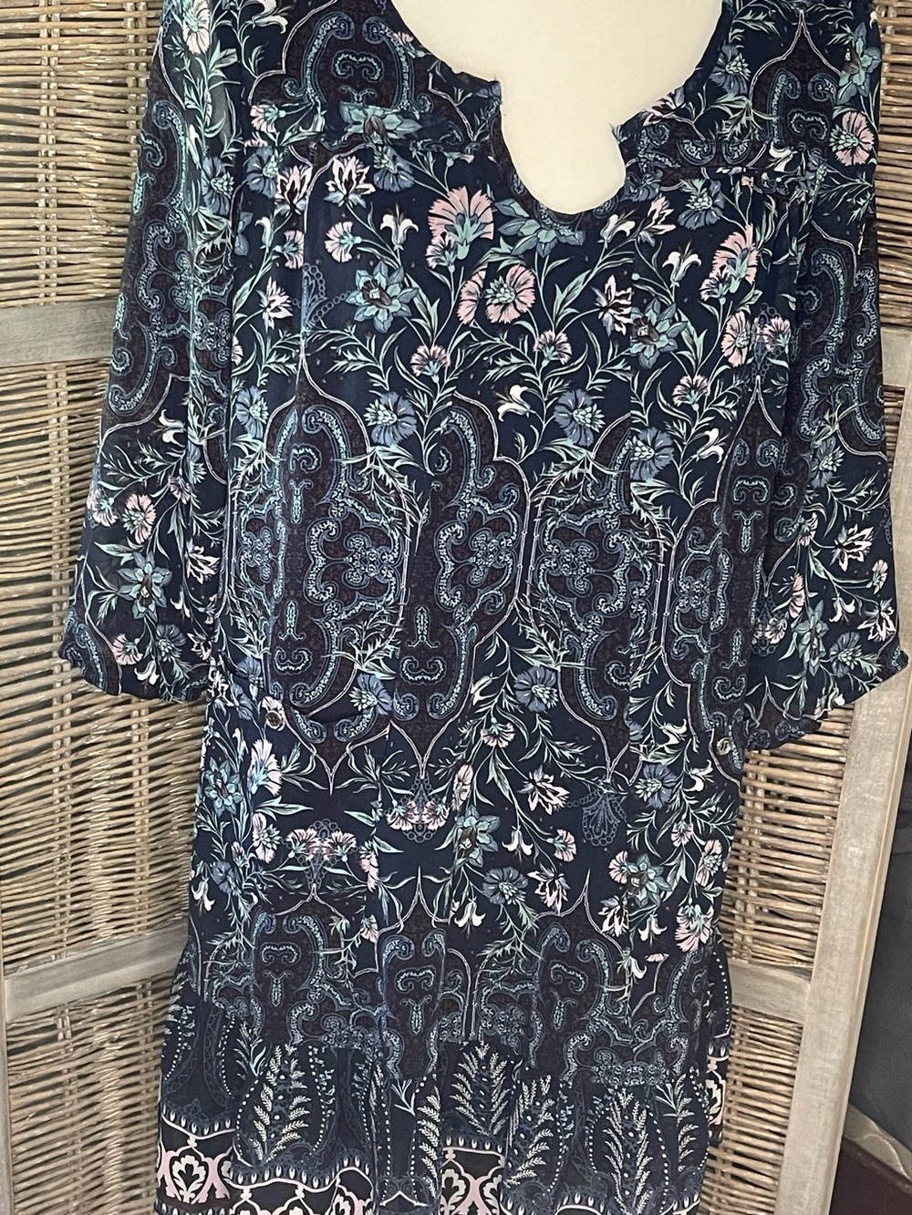 As U Wish Navy Floral Long Sleeve Boho Dress with Pink & Aqua Accents sz M (47)